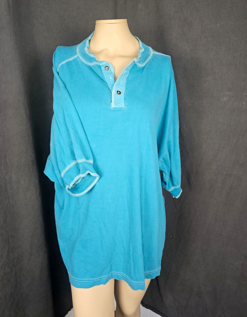VTG Waffle Knit Henley Shirt womens XL Teal Distressed Grunge Skater Boho 90s